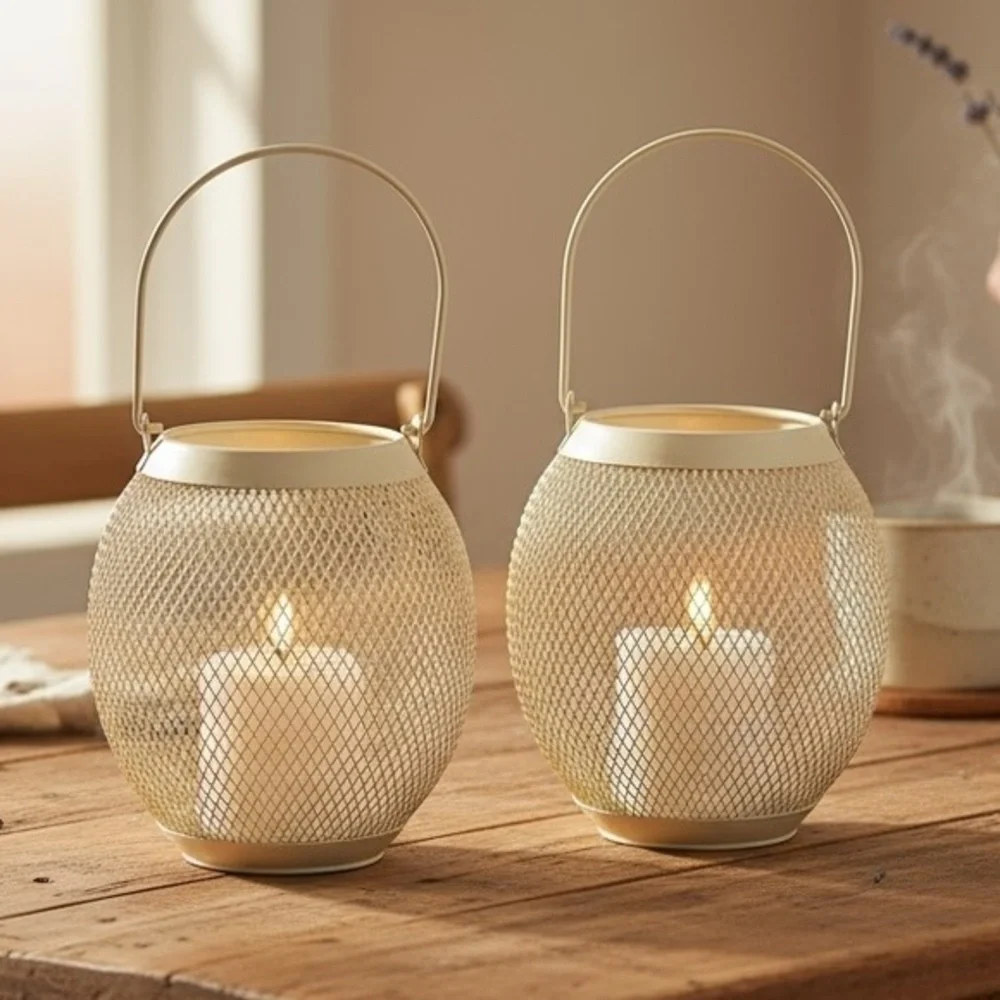 Cream Lanterns Battery Operated with Timer